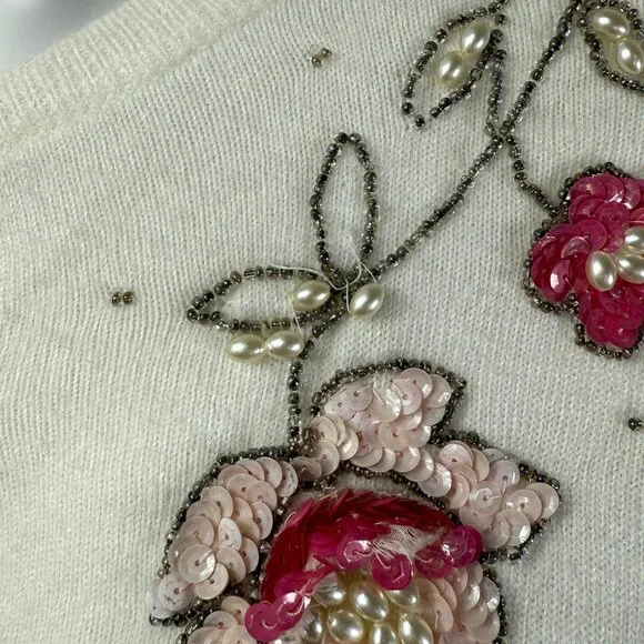 Blairmoor Original Womens Beaded Floral Cardigan Vintage Full Fashioned Cream  M - Picture 4 of 10